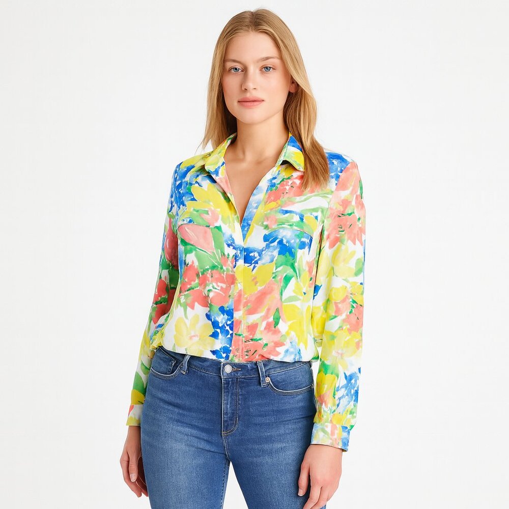 NWT White House Black Market Collar Soft Shirt Summer Bloom Ecru S #WHBM80